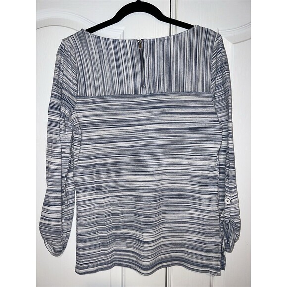 T by Talbots Women Top Med Gray Zip 3/4 Sleeve Striped Knit Pocket Stretch Light - Picture 5 of 12